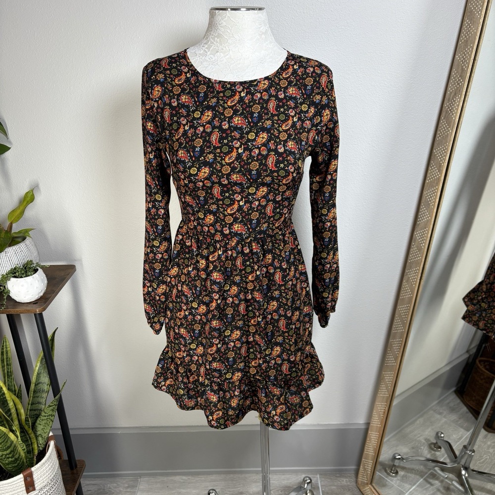 One Clothing Women XS Black Paisley Fit and Flare Dress Boho Cottagecore